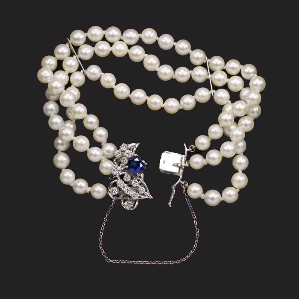 VINTAGE PEARL SAPPHIRE DIAMOND BRACELET MID CENTURY RETRO 14k WHITE GOLD BLUE